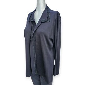 Misook Jacket Womens Medium Black Lux Collared Textured Trim Minimalist Cardigan